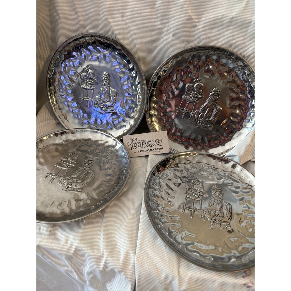 Vintage 1994 Reed & Barton Flintstones Pebbles Bamm-Bamm Metal Plates Set of 4